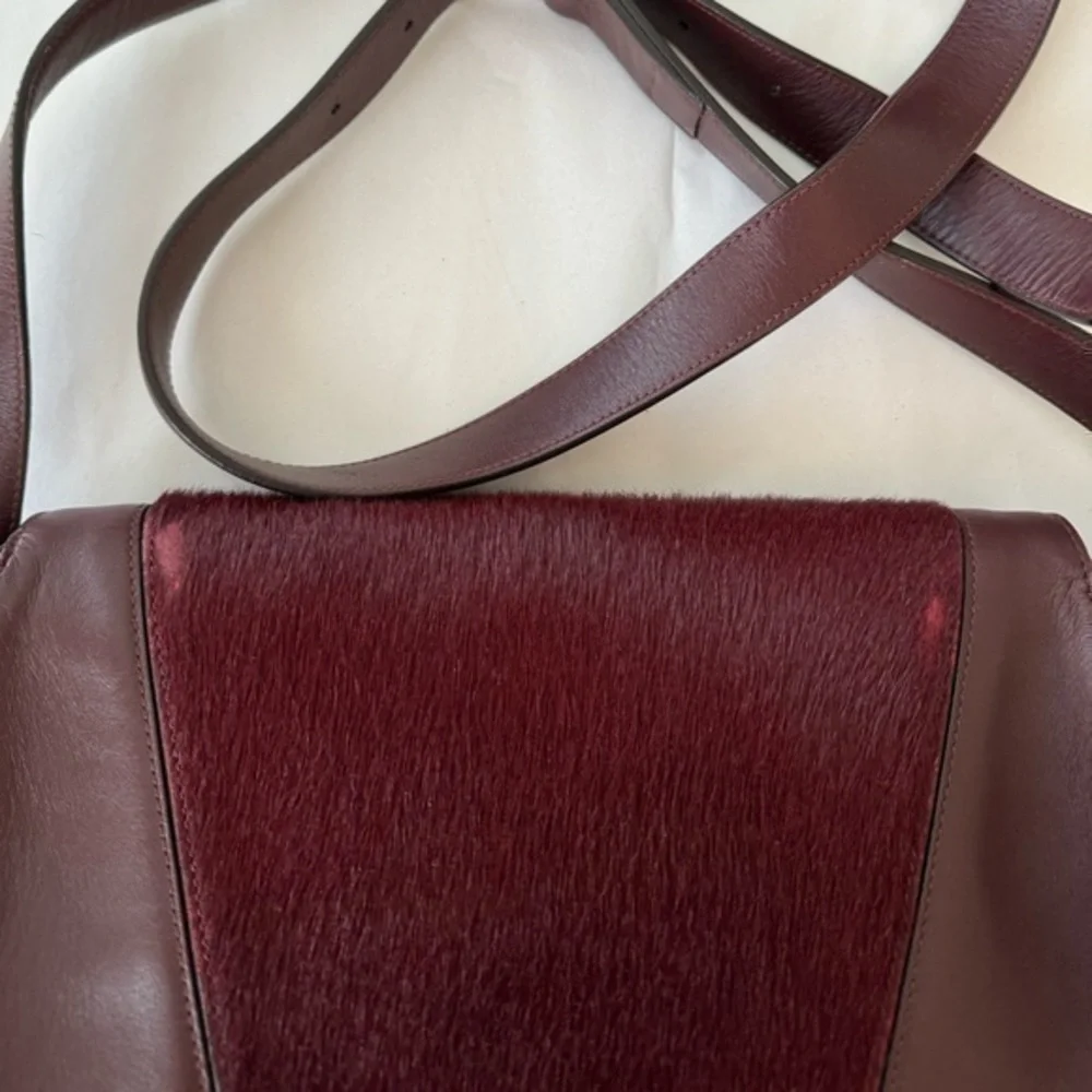 Vince‎ Maroon Burgundy Calf Hair Leather Rounded Crossbody Saddle Bag